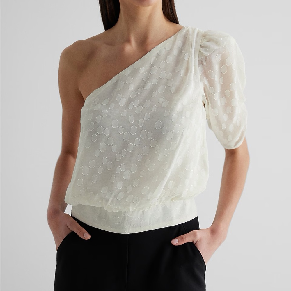 Express White Polka Dot Textured Chiffon One‎ Shoulder Banded Bottom Top Size S
